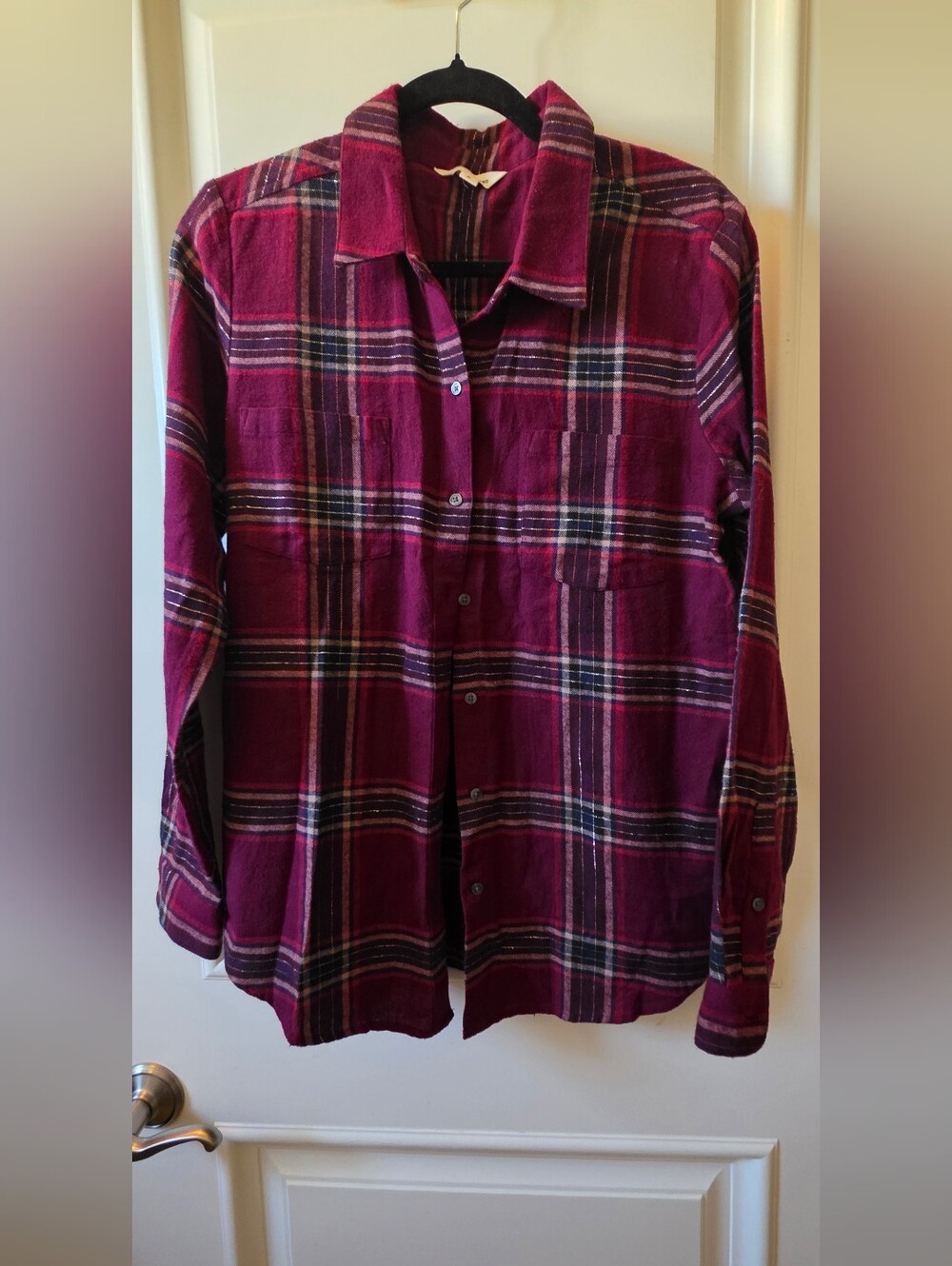 Lucky Brand Fuchsia Plaid Button-Up Flannel With Gold Thread.